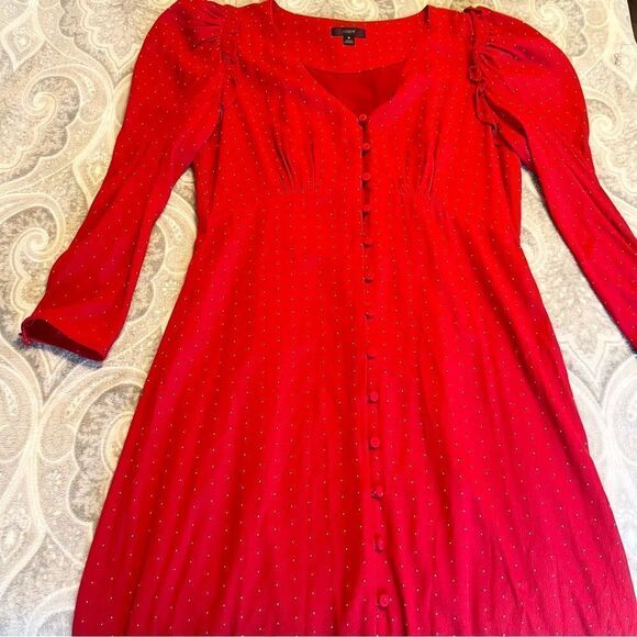 J.Crew Drapey Puff Sleeve Ruffled Red White Polka Dot Maxi Dress - Picture 4 of 6